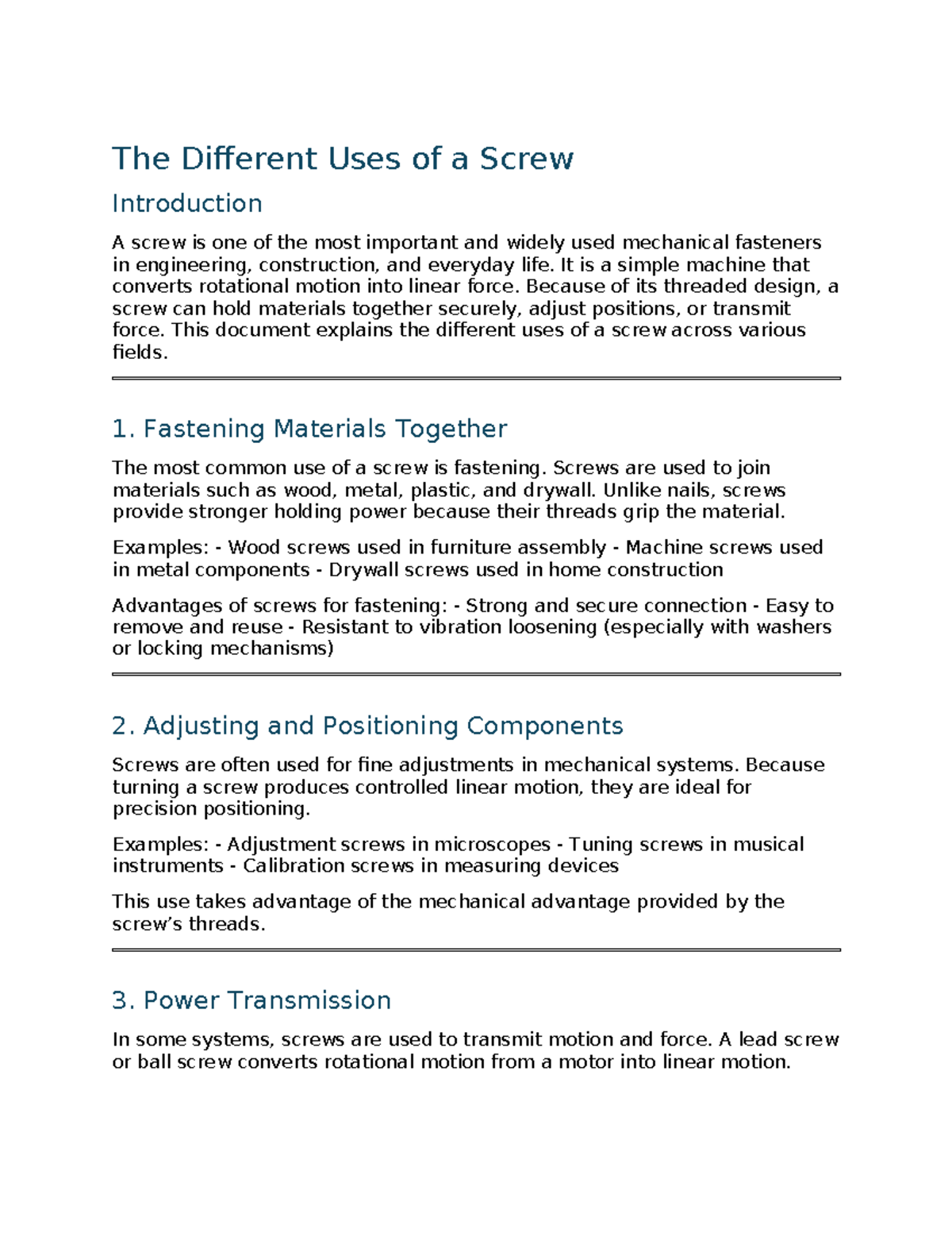 Different Uses of a Screw: Applications in Engineering and More - Studocu