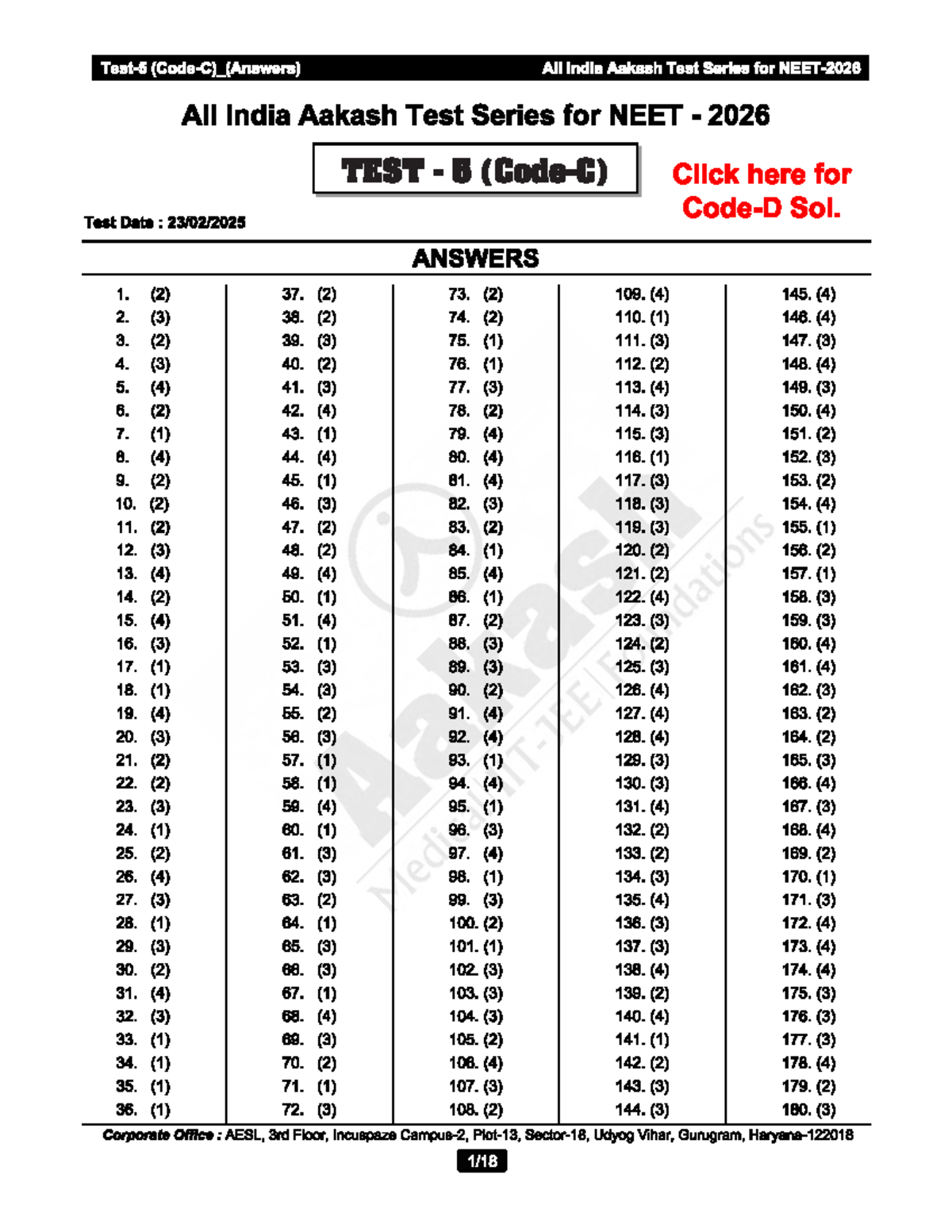 All India Aakash Test Series for NEET 2026 TEST 5 Solutions - Studocu