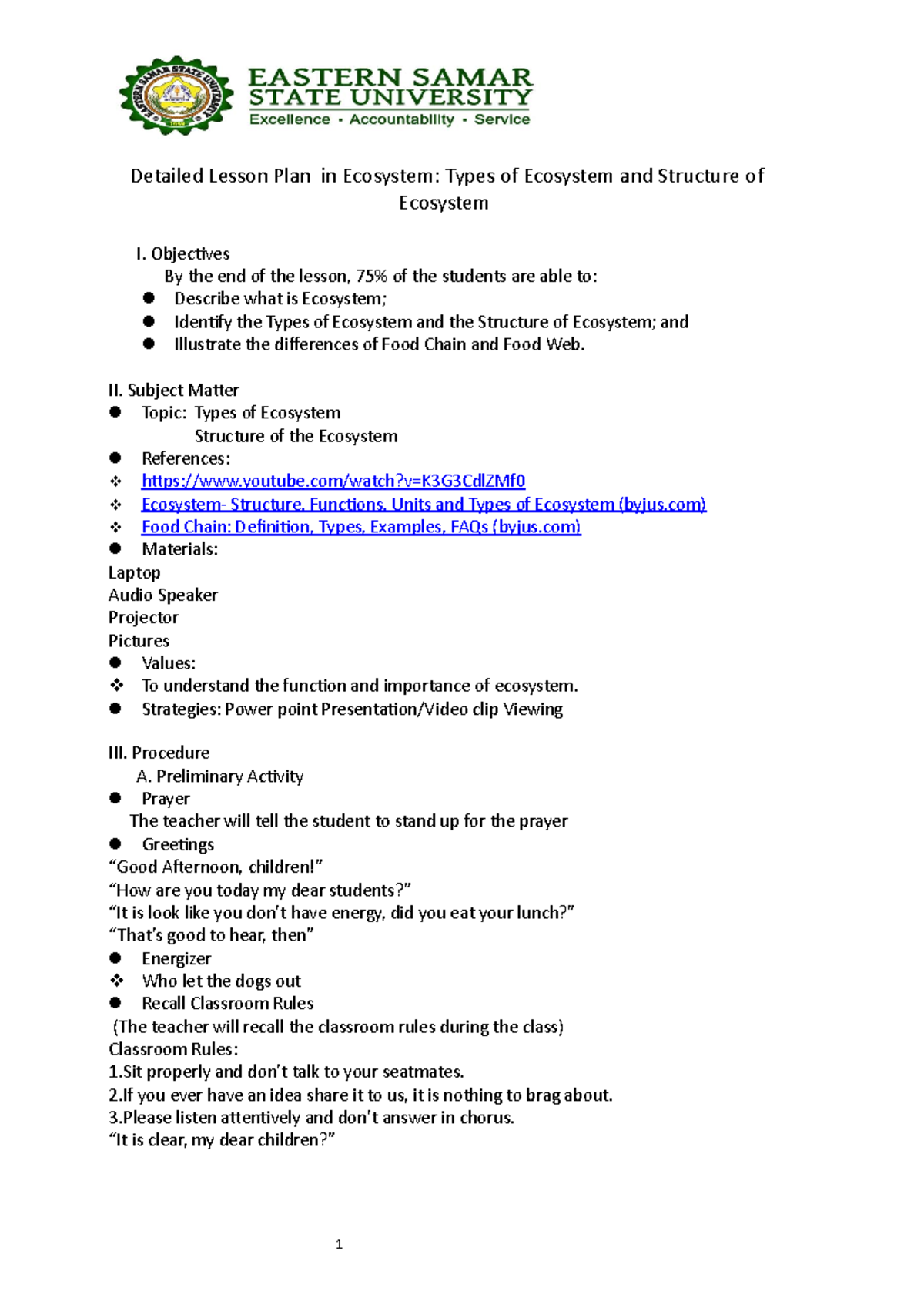 Detailed Lesson Plan in Science 1: Ecosystems and Their Structures ...