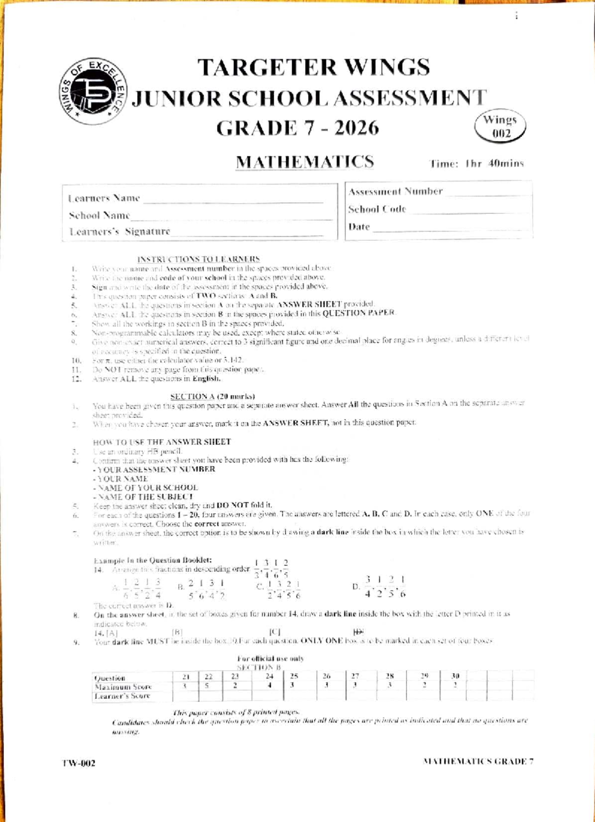 G7 MATHEMATICS ASSESSMENT: TARGETER WINGS JUNIOR SCHOOL - Studocu
