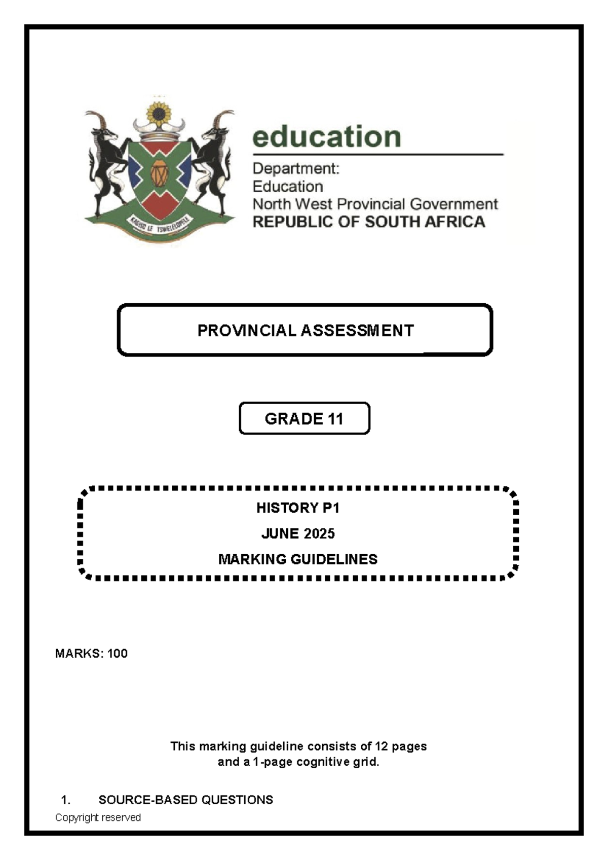 Grade 11 History P1 June 2025 Marking Guidelines - Studocu