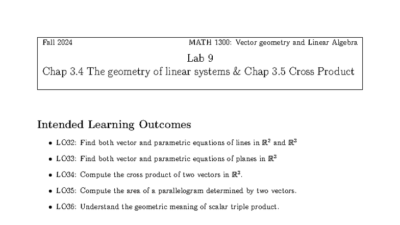 MATH 1300: Vector Geometry & Linear Algebra Lab 9 Solutions - Studocu