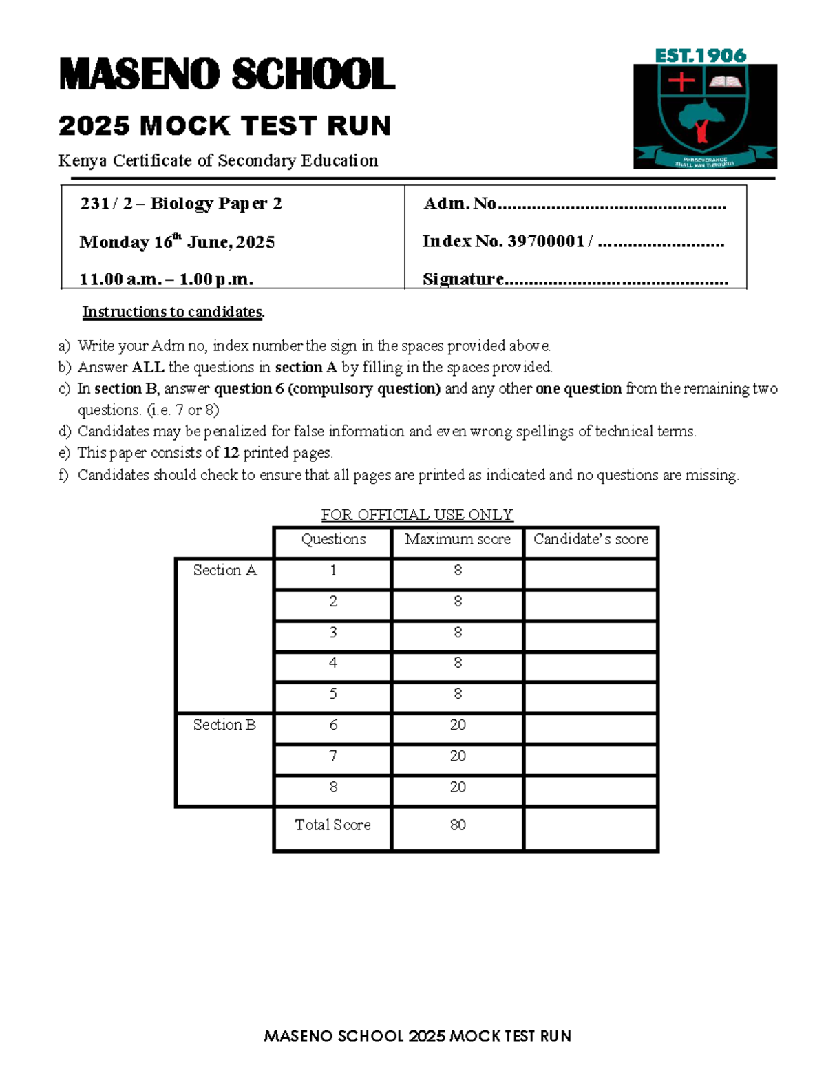 MASENO SCHOOL 2025 MOCK TEST RUN KCSE Biology Paper 2 Questions - Studocu