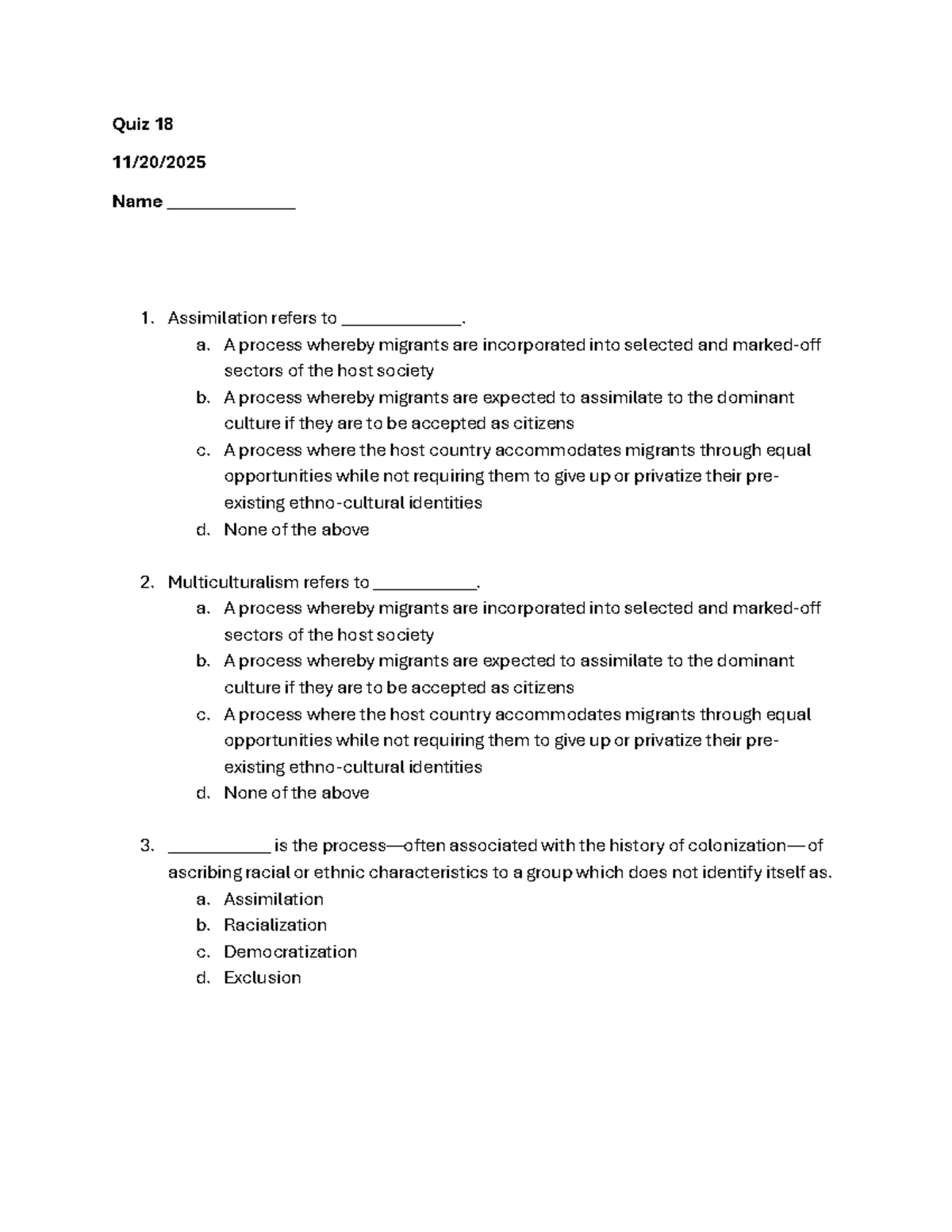 Quiz 18: Migration and Multiculturalism Concepts - Studocu