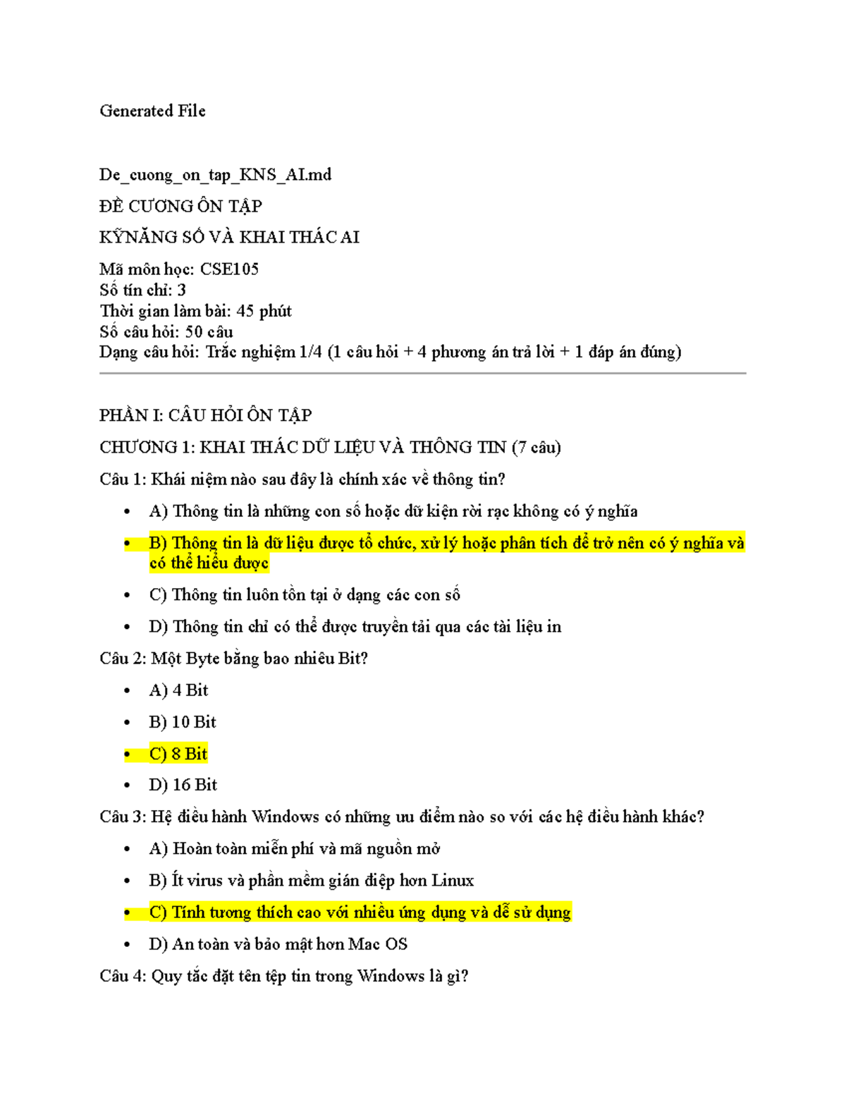Đề Cương Ôn Tập Kỹ Năng Số và Khai Thác AI - CSE105 - Document Preview