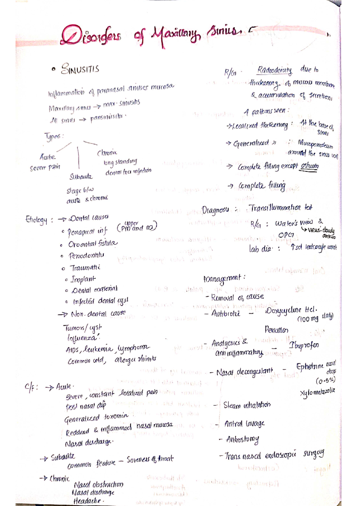 Disease of maxillary sinus - Sinusitis - BDS - Studocu