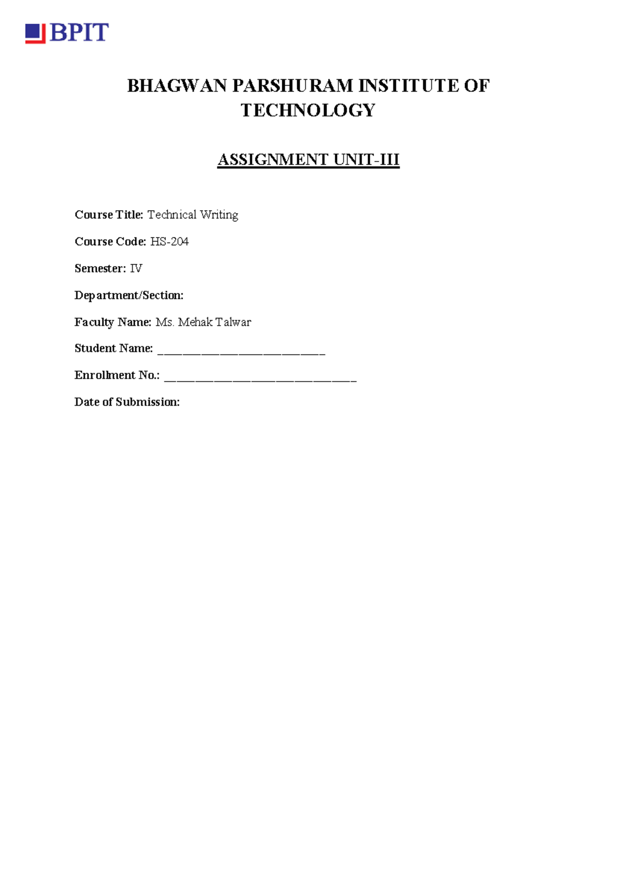 Technical Writing Assignment - TW UNIT III - BHAGWAN PARSHURAM INST ...
