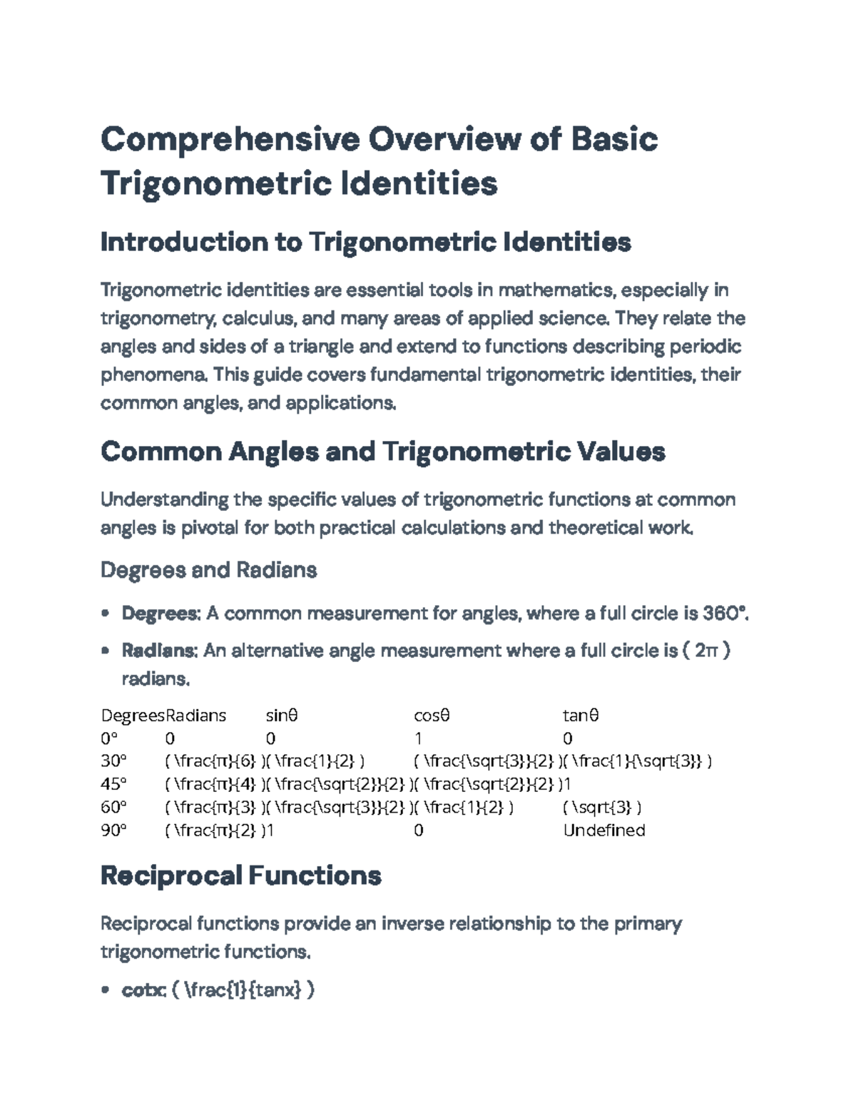 Comprehensive Guide to Basic Trigonometric Identities (MATH 101 ...