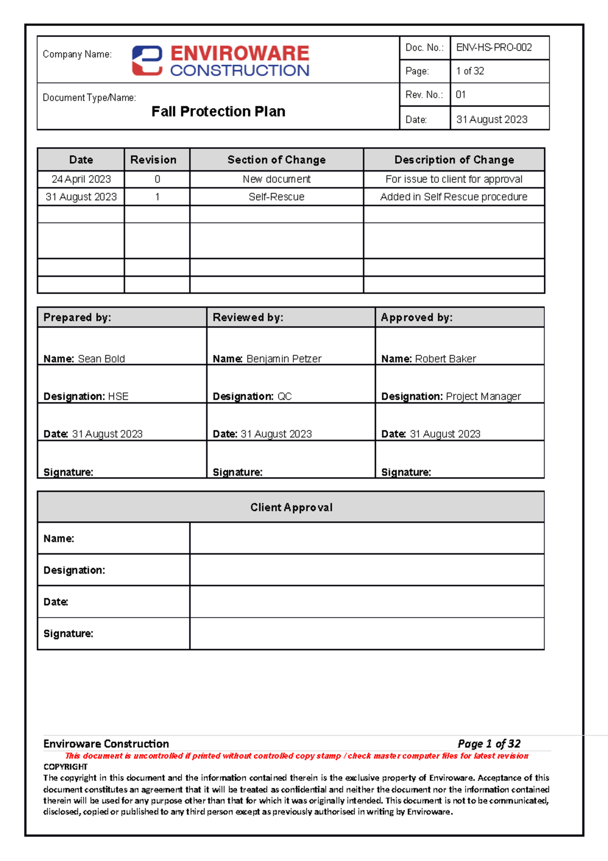 ENV-HS-PRO-002 Fall Protection Plan Revision 1 - August 2023 - Studocu