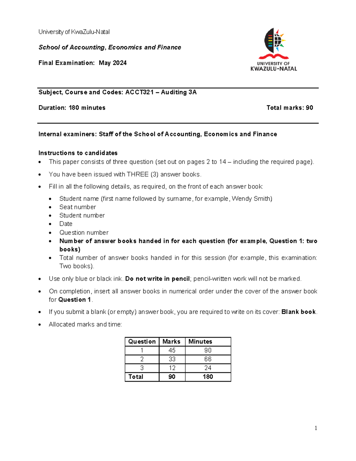 ACCT321 Final Exam: Auditing 3A - May 2024 Class Example Document - Studocu
