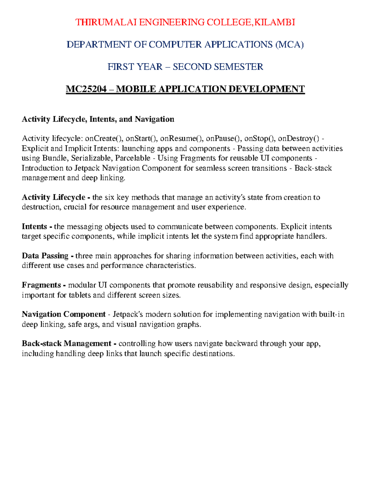 MC25204 Mobile App Dev: Activity Lifecycle & Intents Summary - Studocu