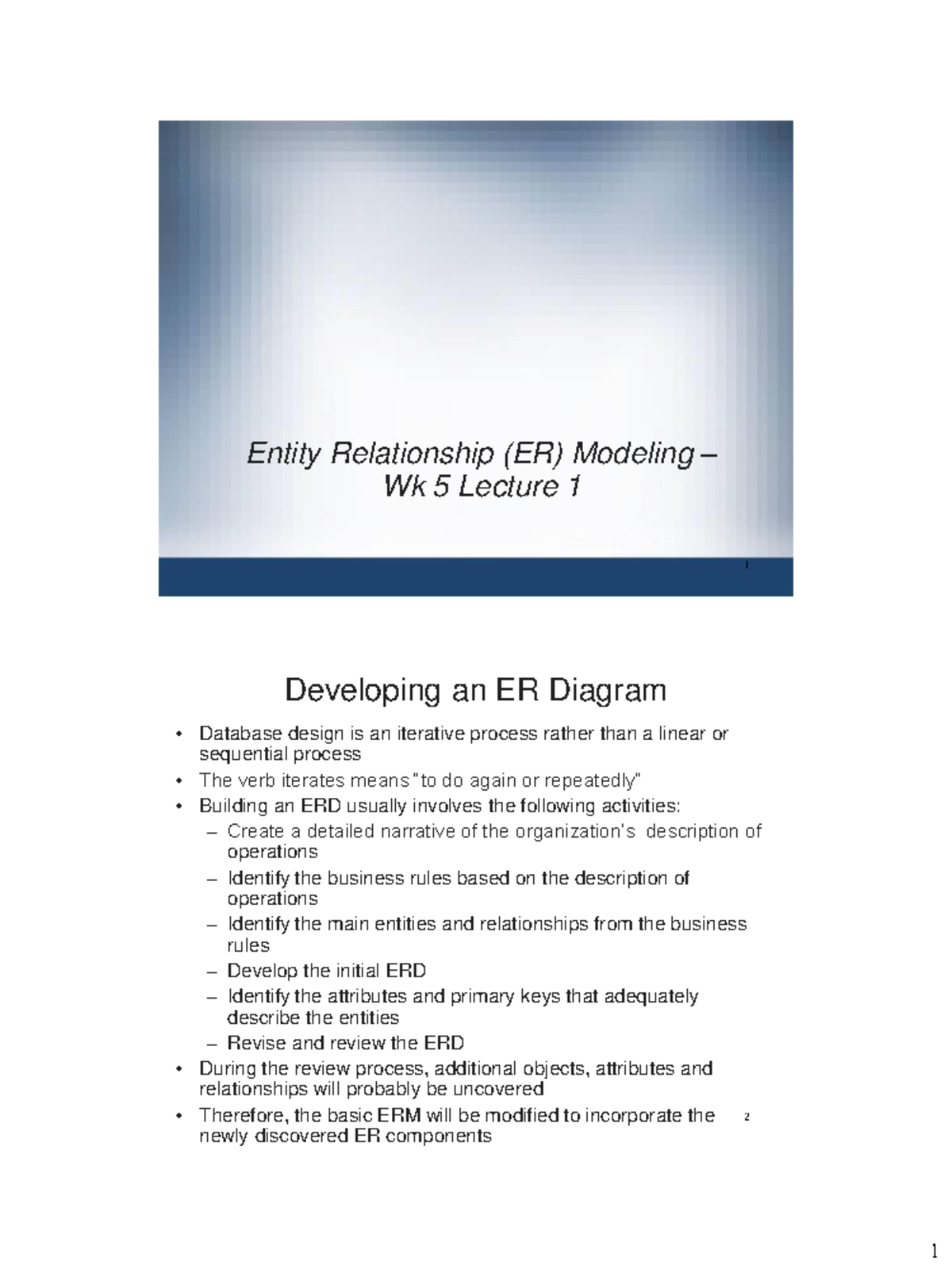 Week 5 - Lecture 1 (16 slides) - Entity Relationship (ER) Modeling – Wk ...