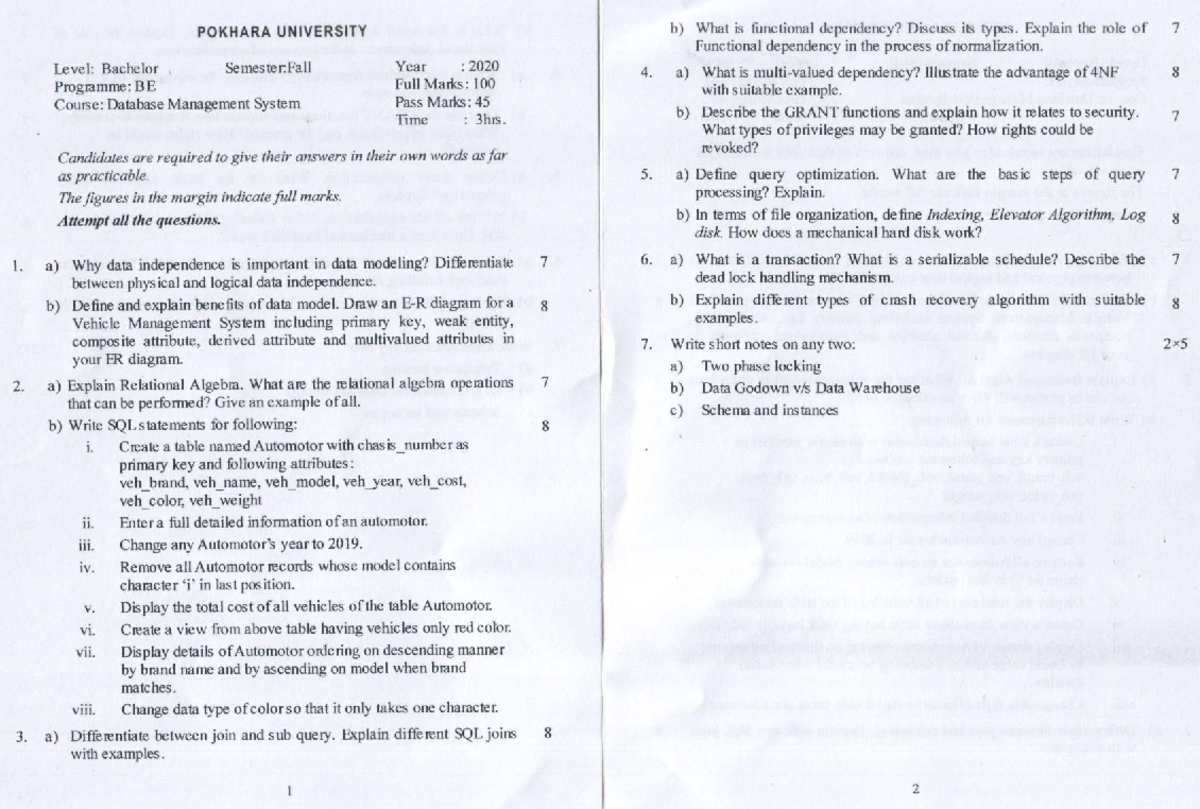 DBMS 2019-2021: Spring 2020 Exam Questions and Answers - Studocu