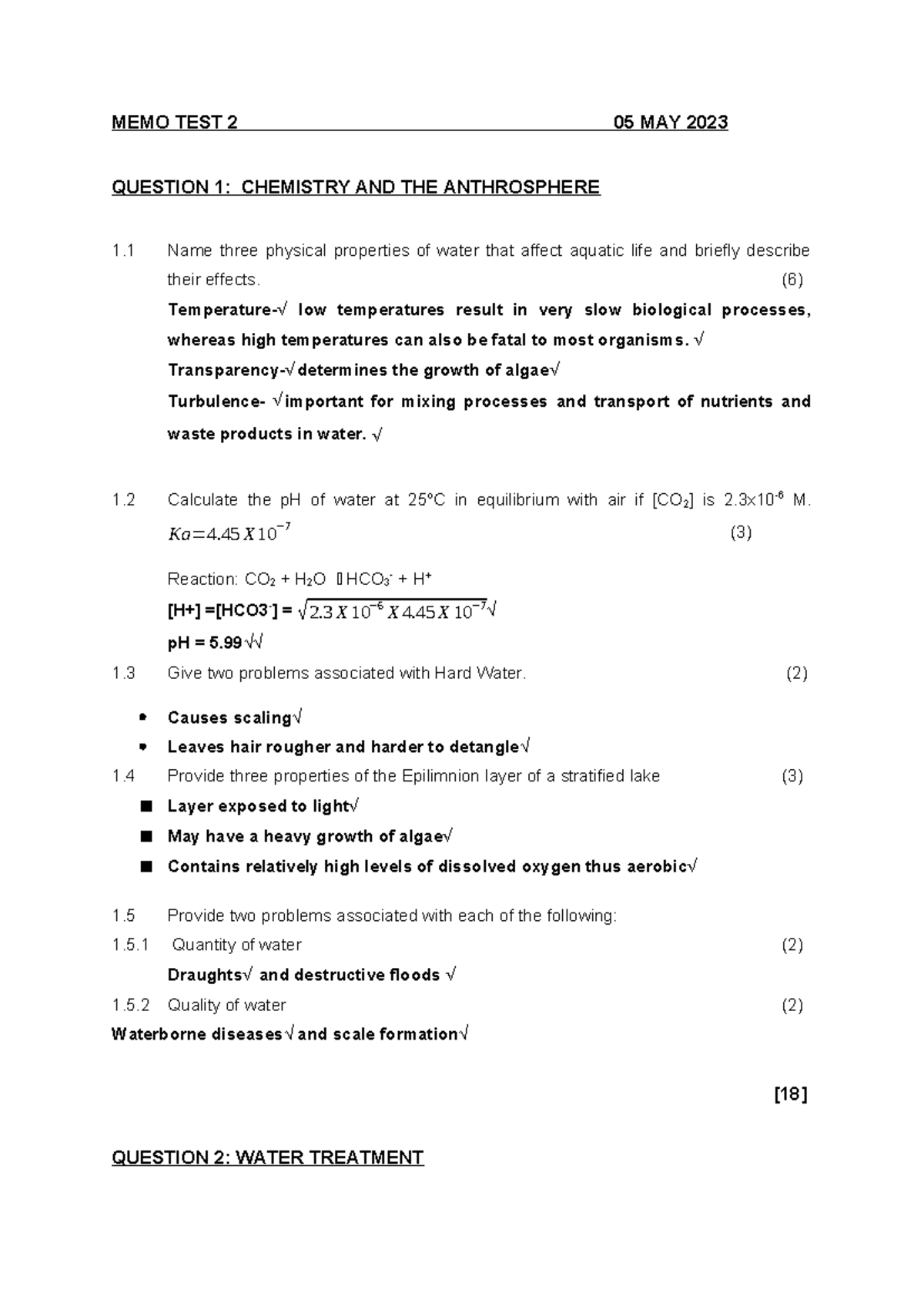 EVC216D Memo T2: Chemistry & Aquatic Life Insights - Studocu