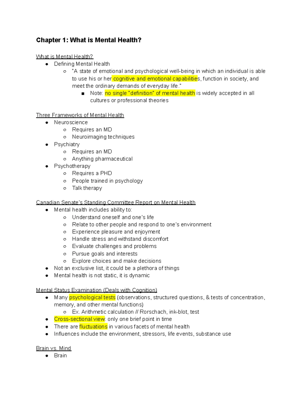HSS 2105 - Chapter 1: Understanding mental health and its frameworks ...