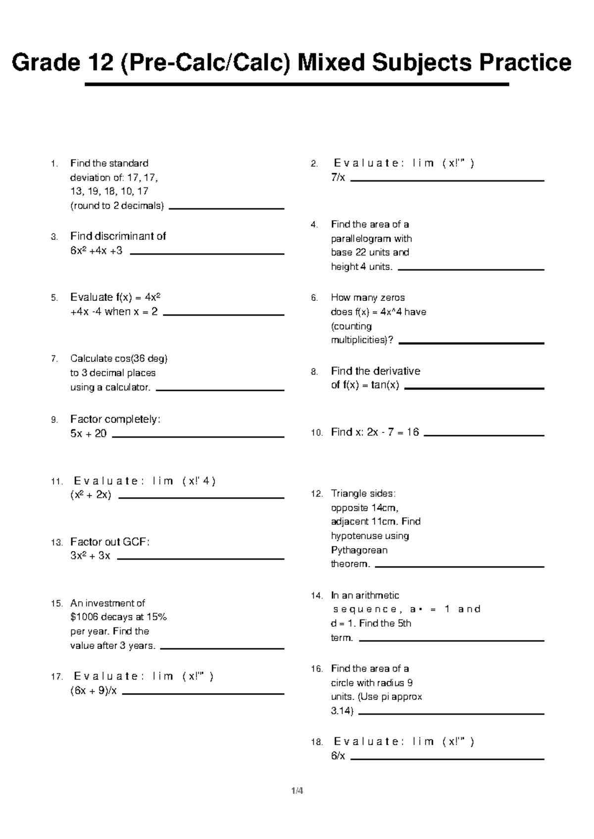 Calc) Grade 12 Mixed Subjects Practice 3: Problem Set & Solutions - Studocu
