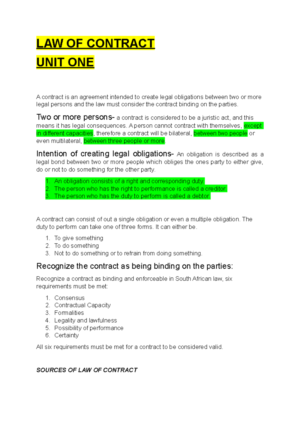 Law of Contract (LAW101) Study Notes: Key Concepts & Principles - Studocu