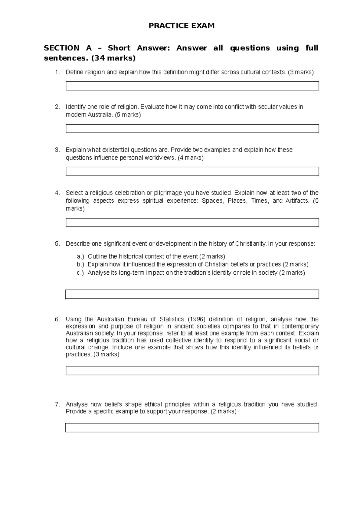 Religion Practice Exam: Short Answer, Data Analysis & Extended Response ...