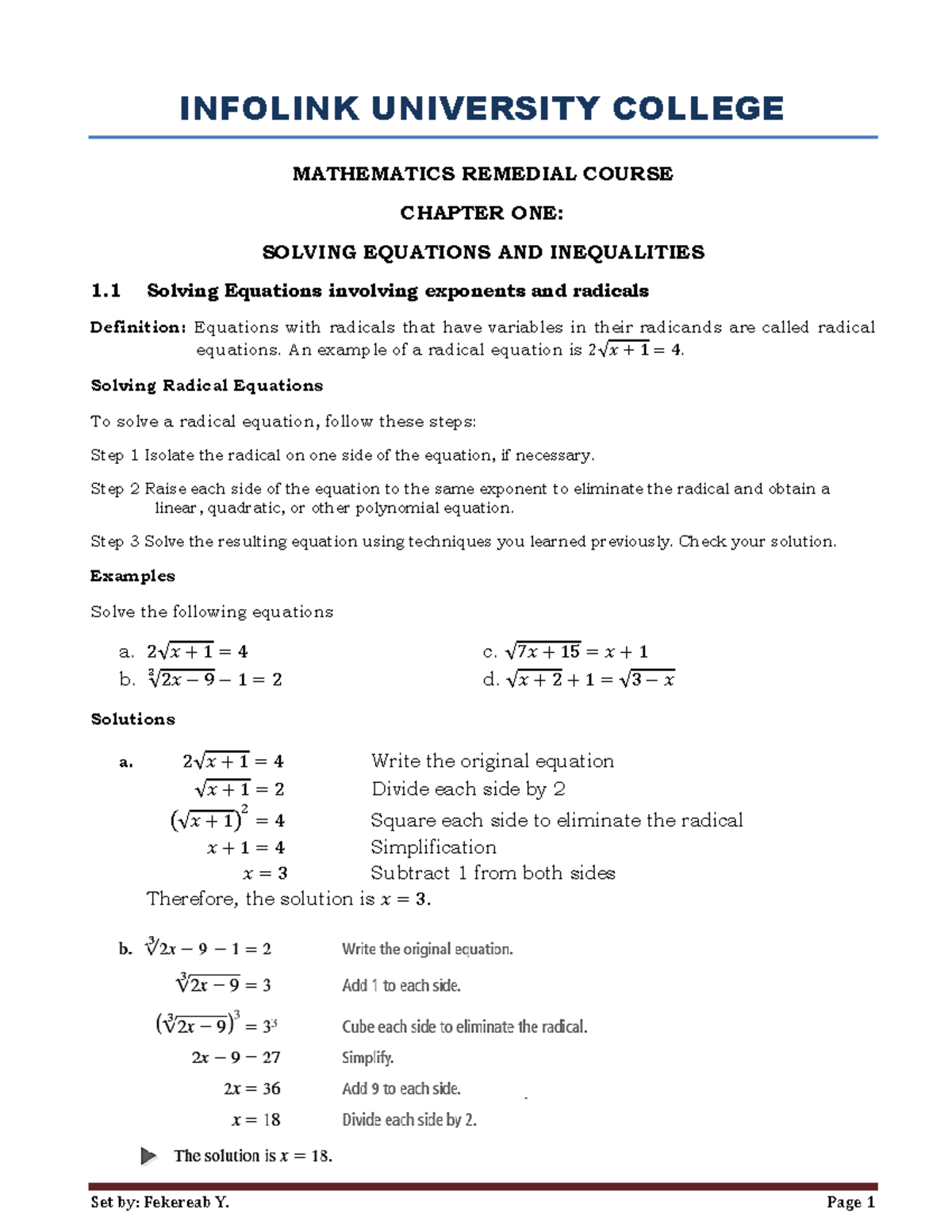 Remedial Maths Short Notes: Solving Equations & Inequalities (MATH101 ...