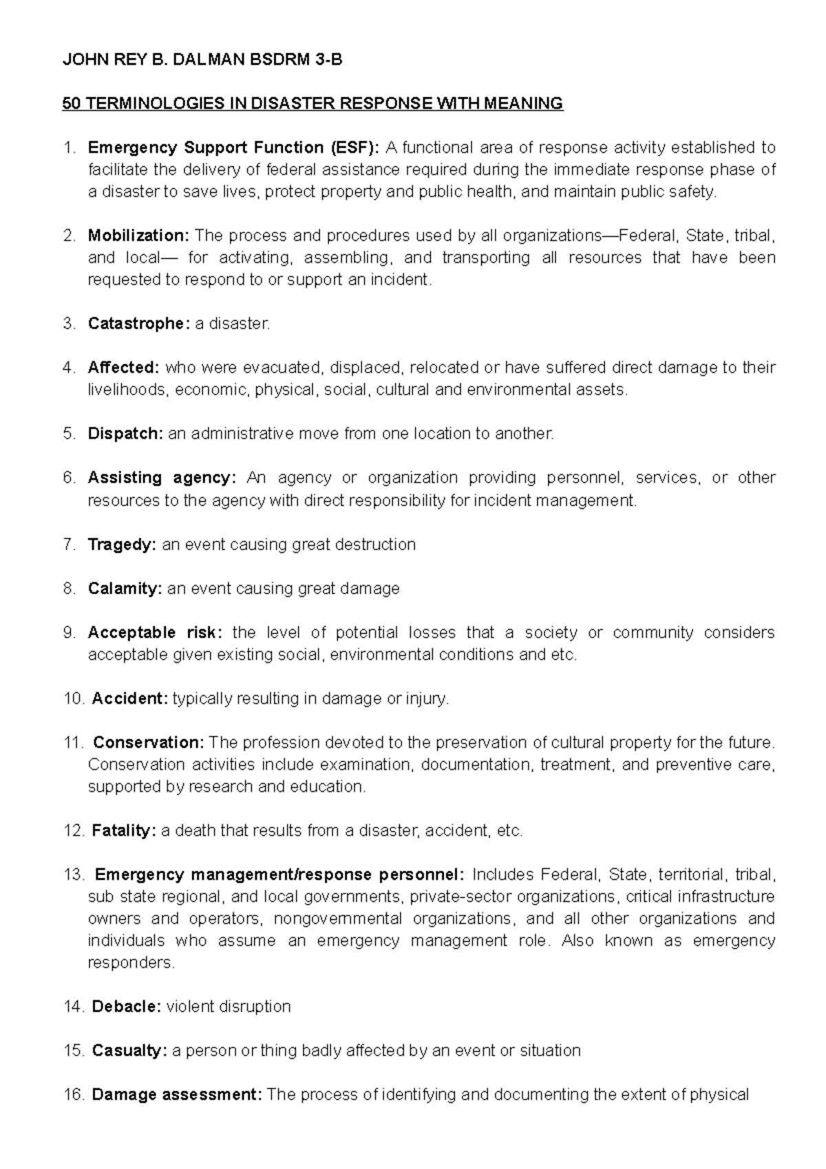 50 Key Terminologies in Disaster Response (BSDRM 3-B) - Studocu