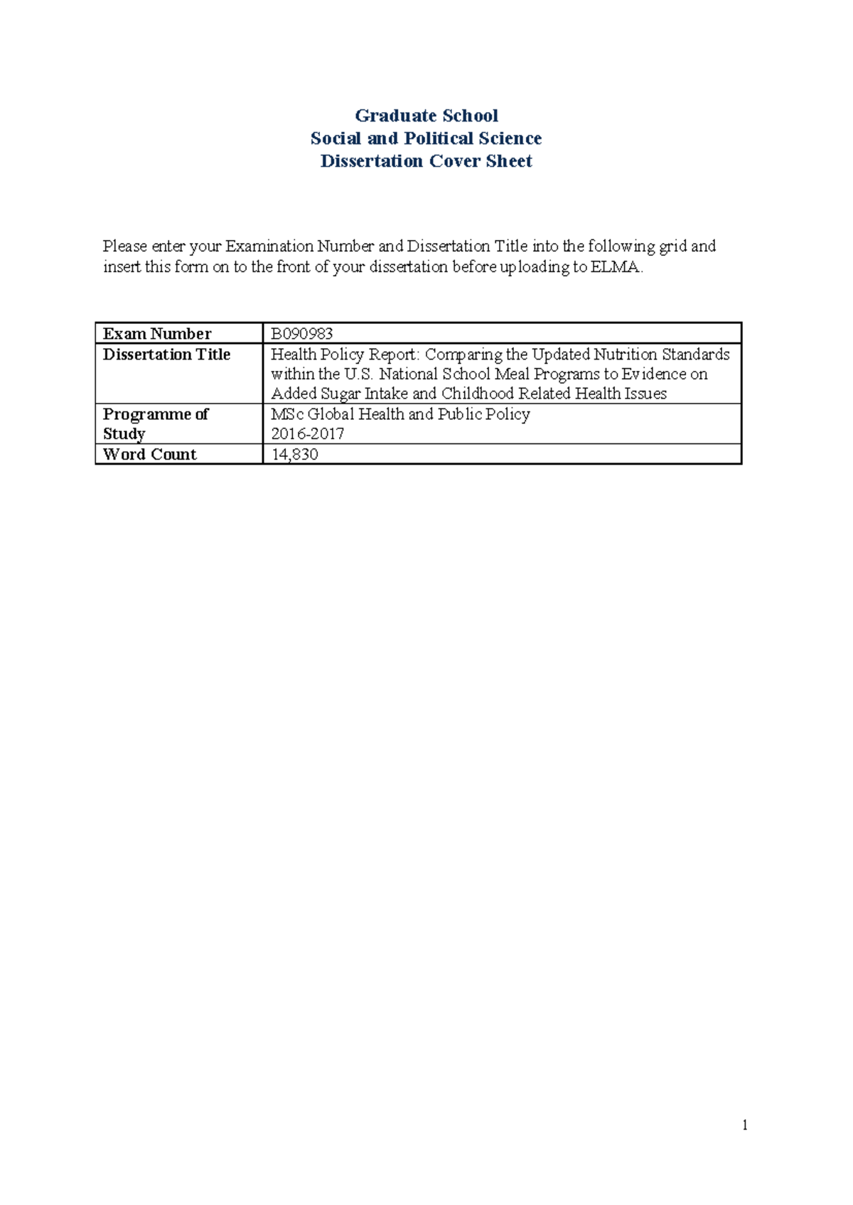 B090983 MSc Dissertation: Health Policy & Nutrition Standards Analysis ...