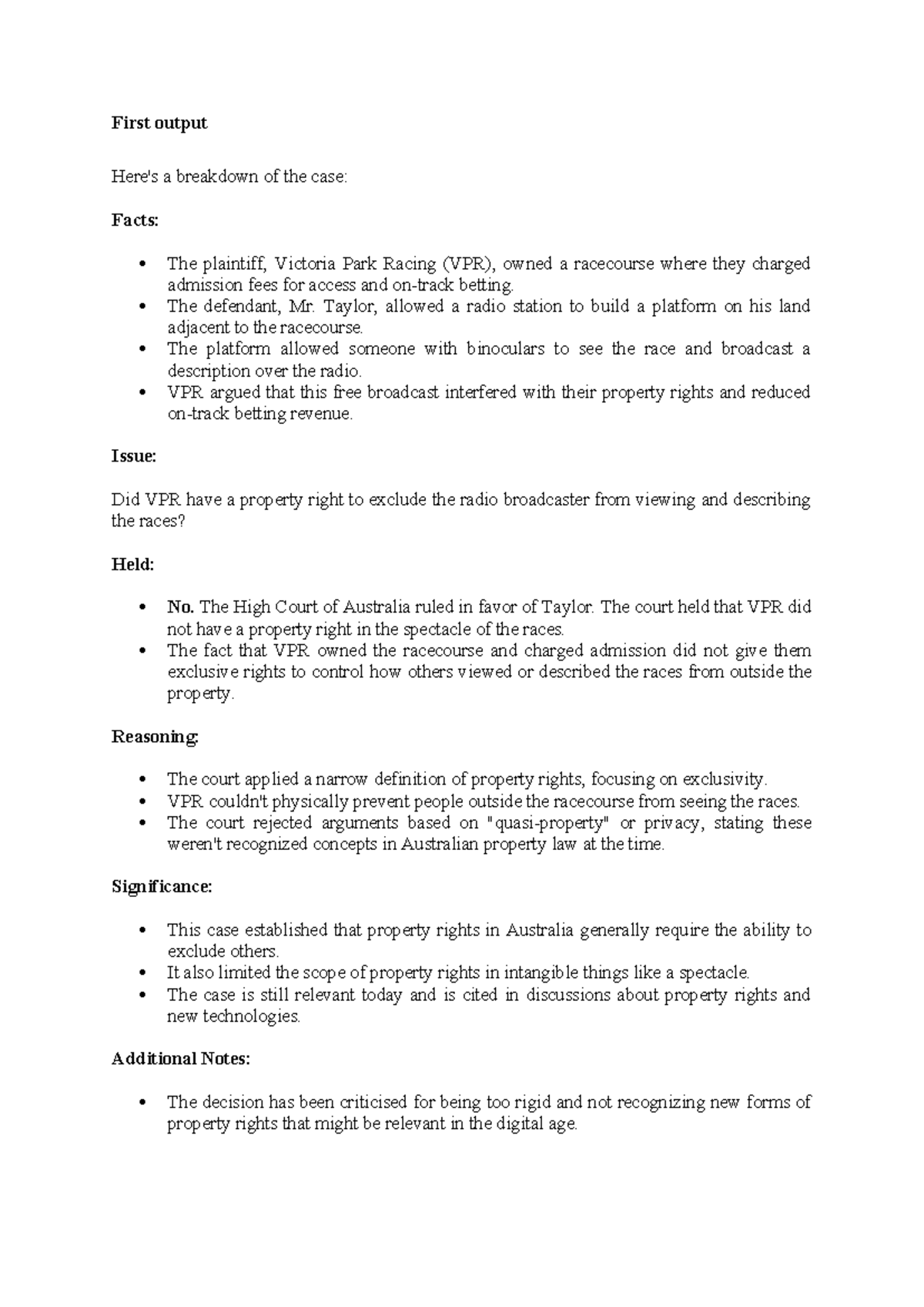 Victoria Park Racing v Taylor - Case Study & Analysis Notes - Document Preview
