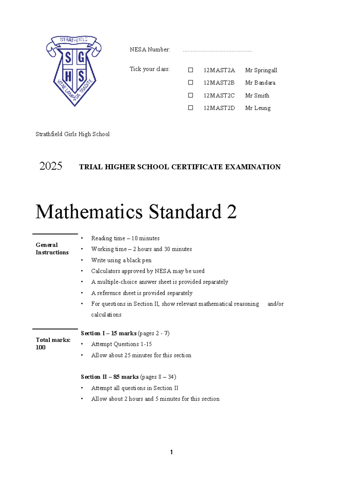 Mathematics Standard 2 - 2025 Trial HSC Exam Practice Paper - Studocu