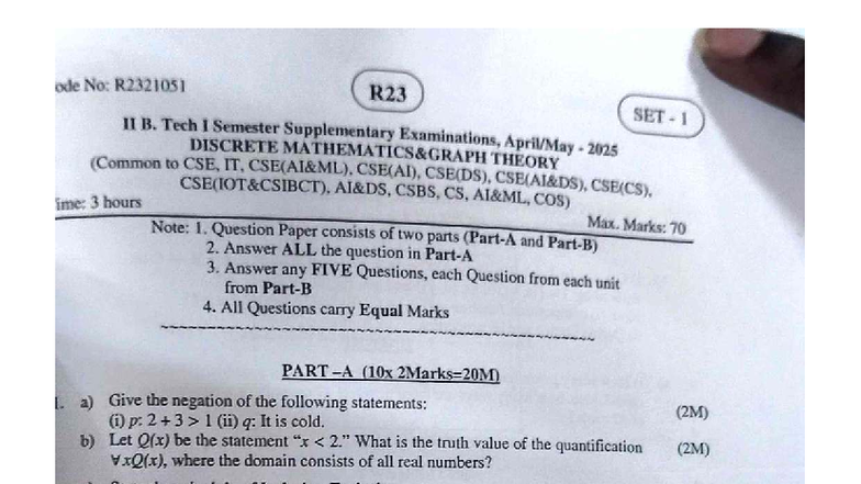 B. Tech R23 Discrete Theory I Semester Supplementary Exam 2025 - Question Paper - Document Preview