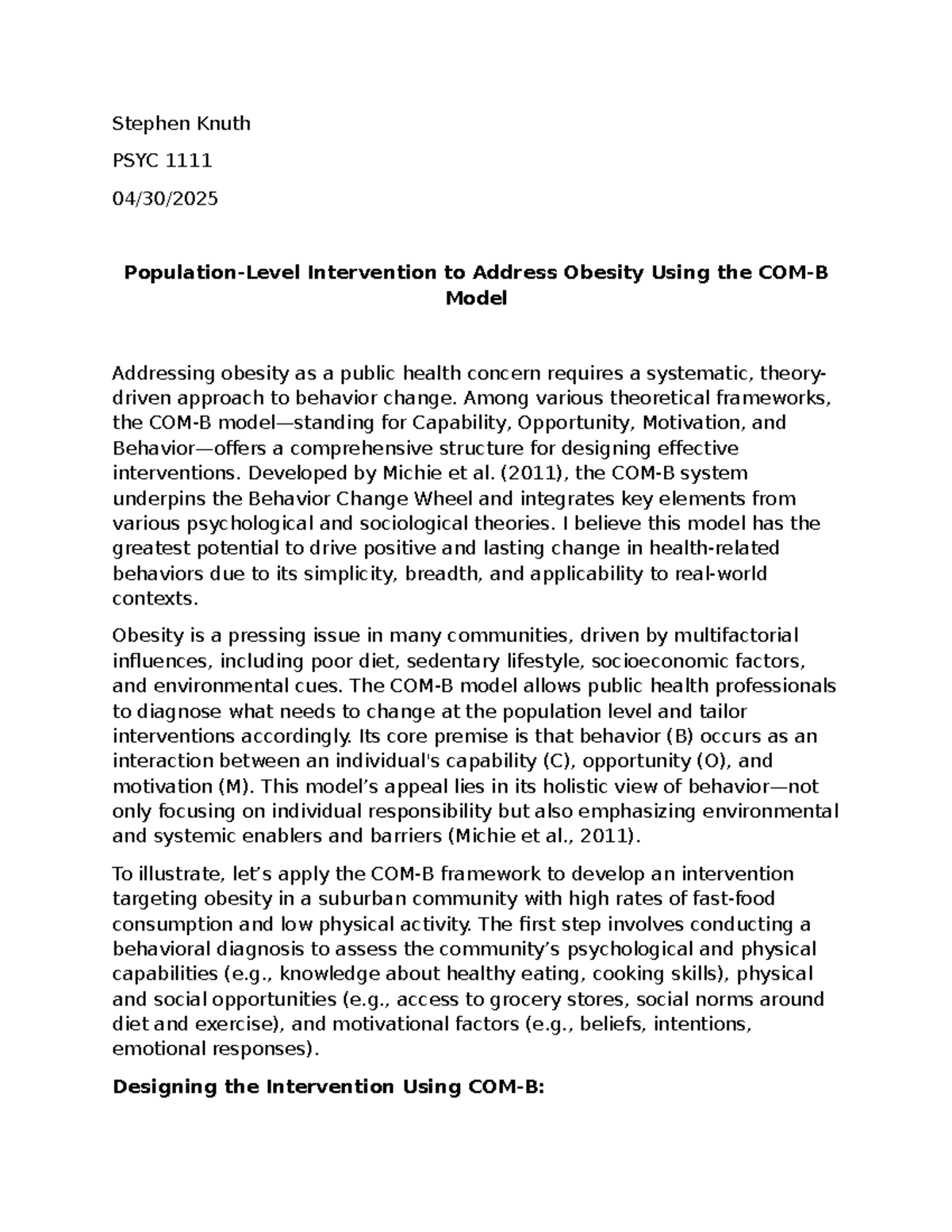 Psyc 1111 Week 3 - Intervention Strategies for Obesity Management - Studocu