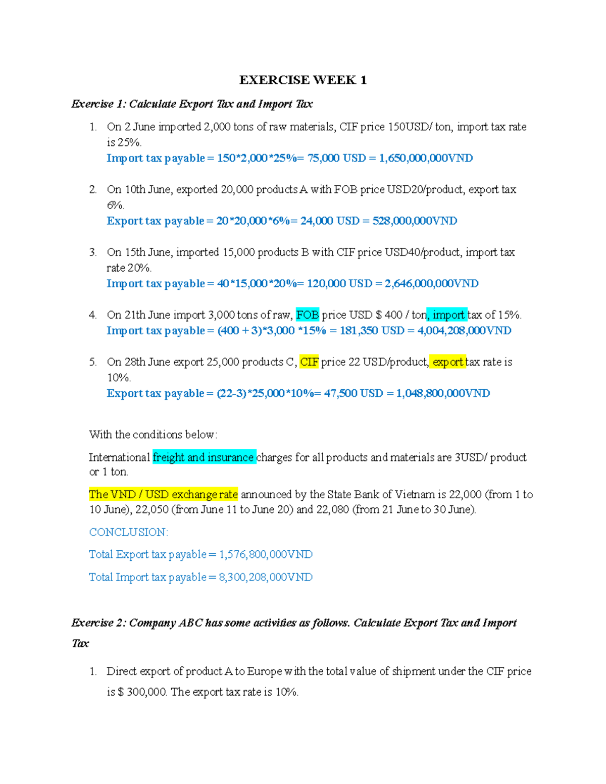 TAX Exercise WEEK 1: Calculating Export and Import Taxes - Studocu