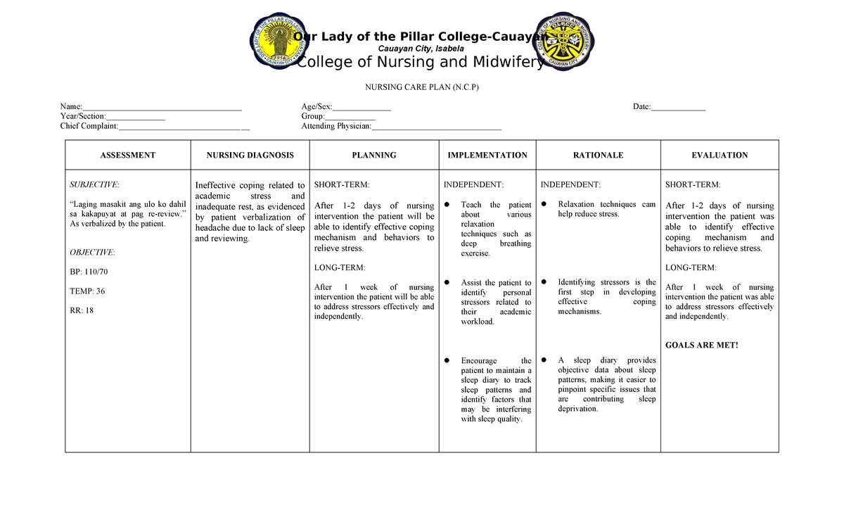 NURSING CARE PLAN (N.C.P) for Academic Stress Management at OLPC ...