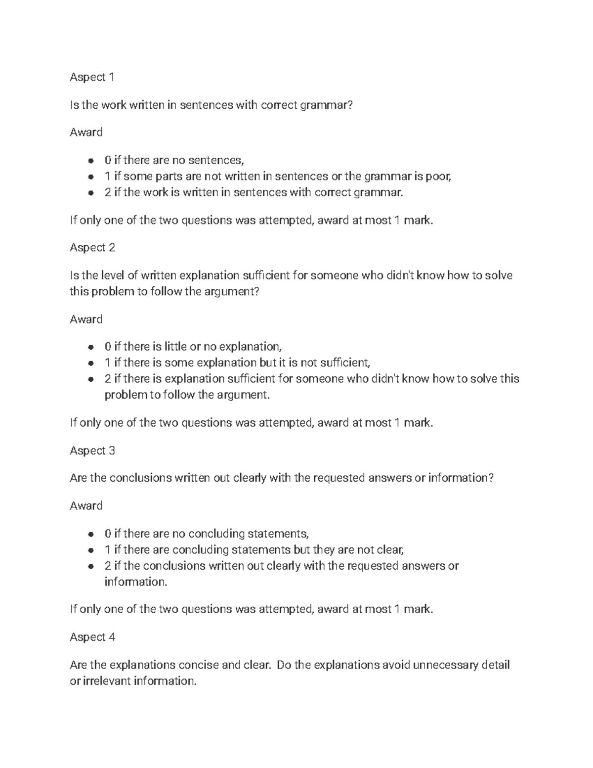 Math Peer review ceriteria - Aspect 1 Is the work written in sentences ...