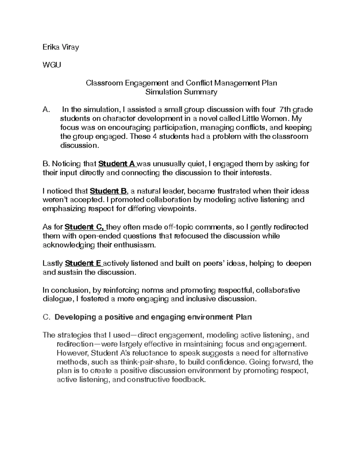 D661 Classroom Engagement & Conflict Management Plan Summary - Studocu