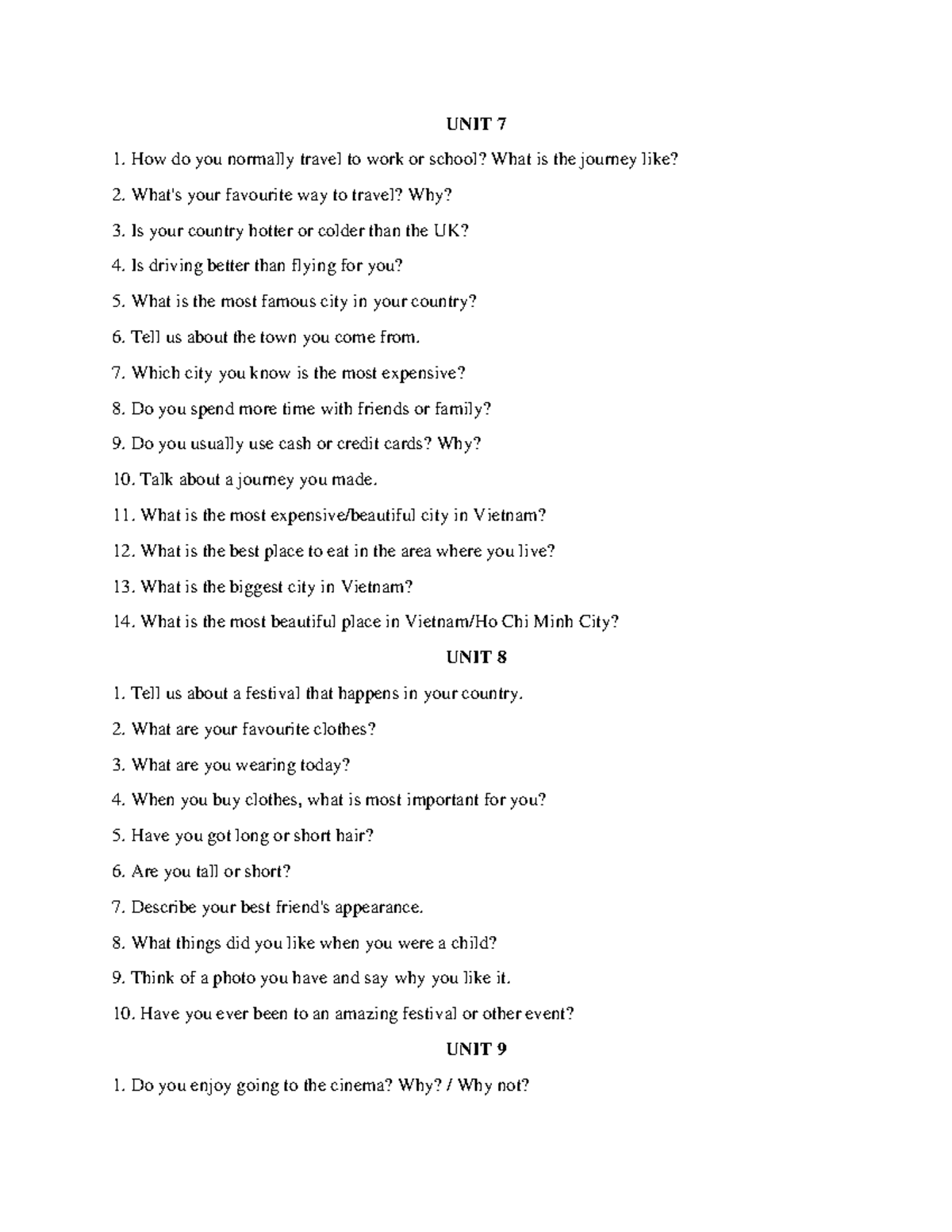 AV1 - Speaking Practice Questions for Units 7 to 10 - Studocu