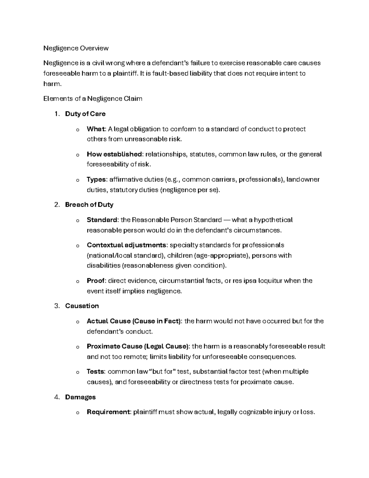 Negligence Overview: Key Elements and Legal Principles - Studocu