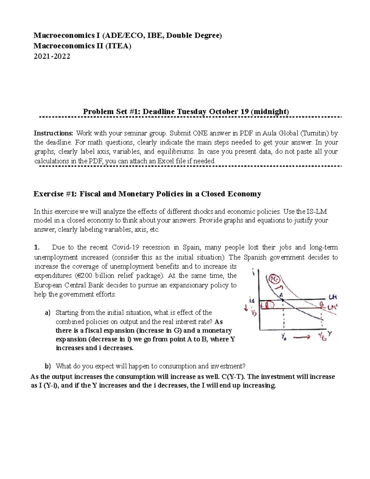 Problem Set 1 (Macro) - Analyzing Fiscal and Monetary Policies Effects ...