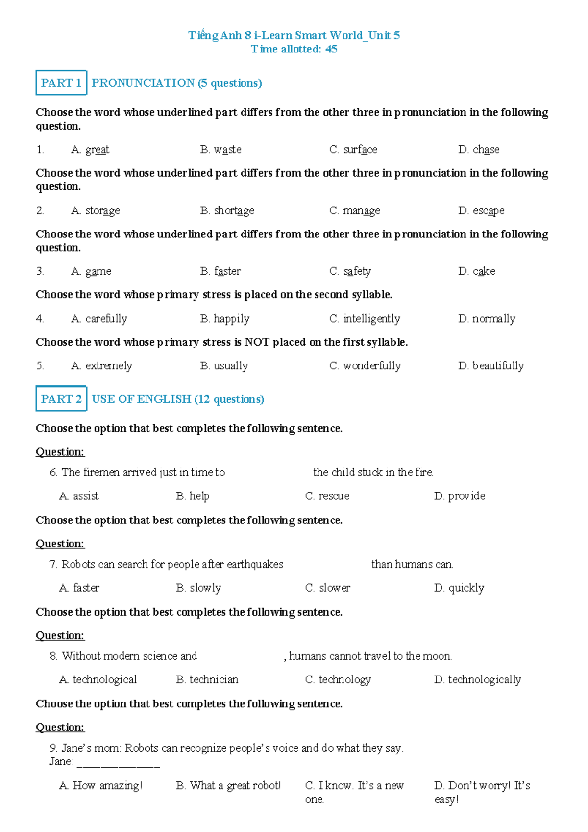 Tiếng Anh 8 i-Learn Smart World: Unit 5 Practice Exercises - Studocu