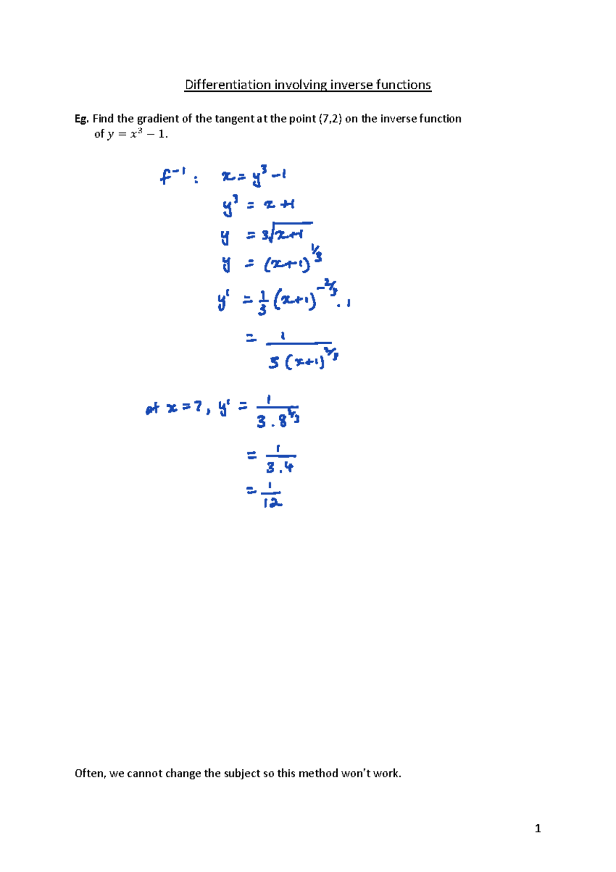 Differentiation of Inverse Functions: Finding Tangent Gradients (1c. KP ...