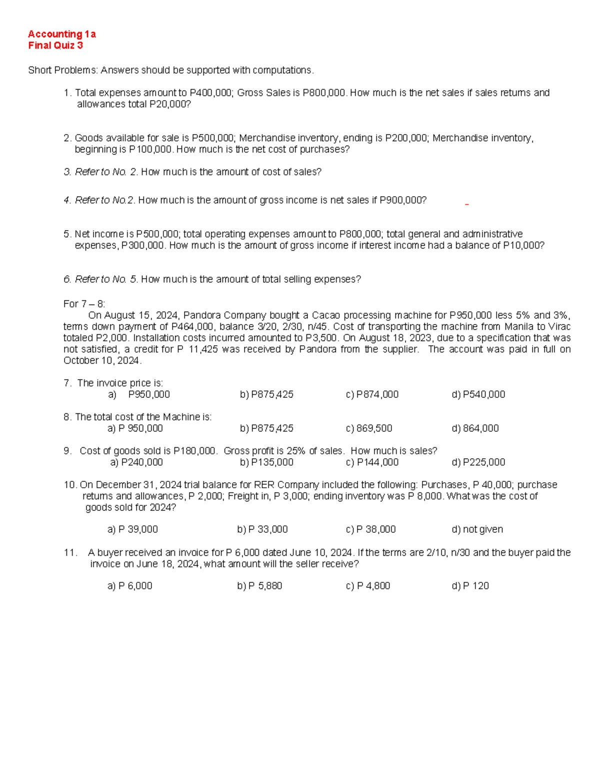 Accounting 1A Final Quiz 2: True or False & Multiple Choice Questions ...