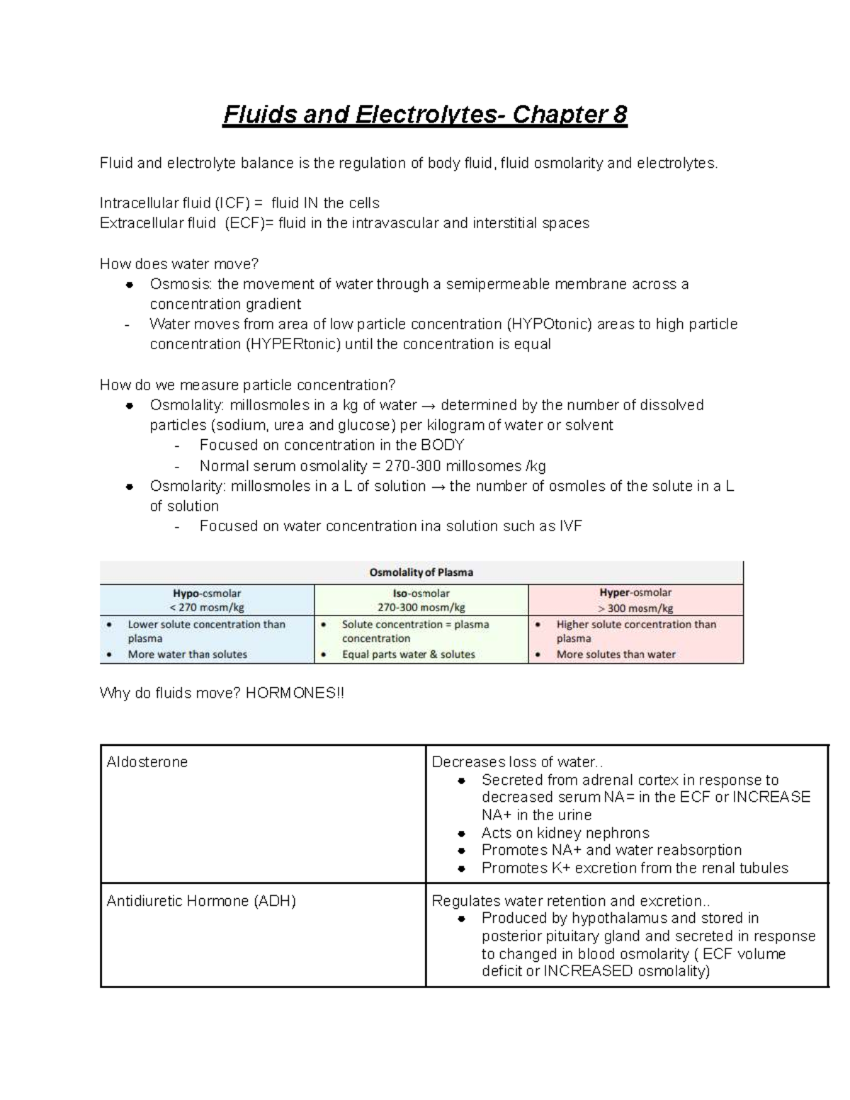 Study Notes - Electrolytes (Chapter 8) and Fluid Balance - Studocu