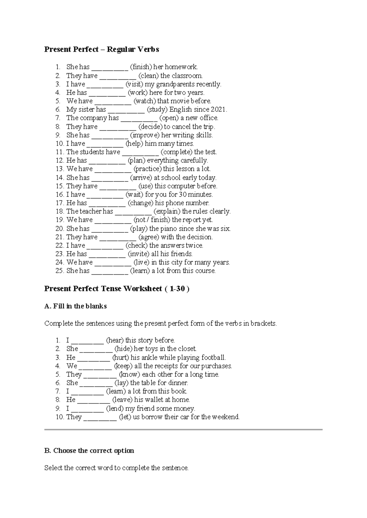 Present Perfect Tense Worksheet (Grammar Practice) - Studocu