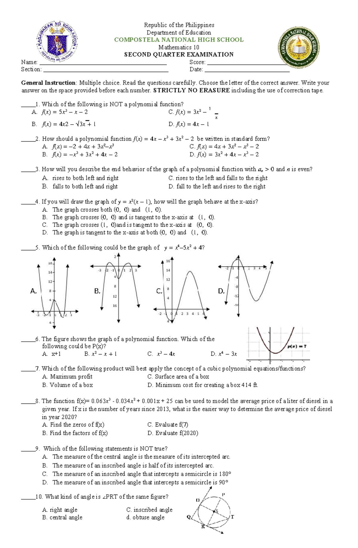 Mathematics 10 2nd Quarter Exam Review and Practice Questions - Studocu