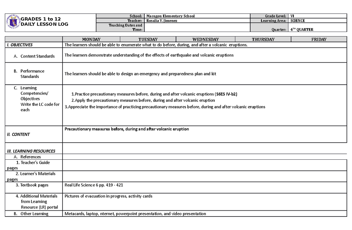 COT DLP SCIE6 Q4 Daily Lesson Log: Volcanic Eruption Precautions - Studocu
