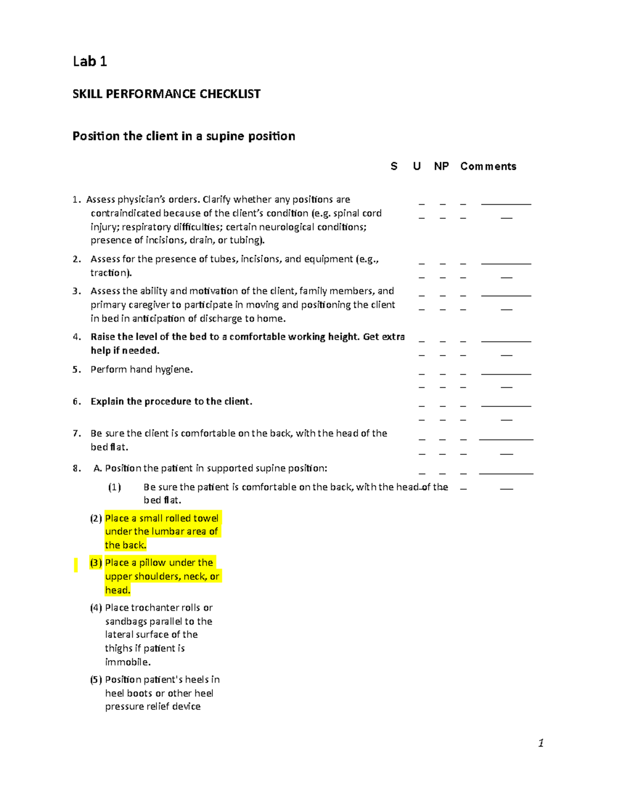 SKL 101 - Supine Position Skill Performance Checklist for Students ...