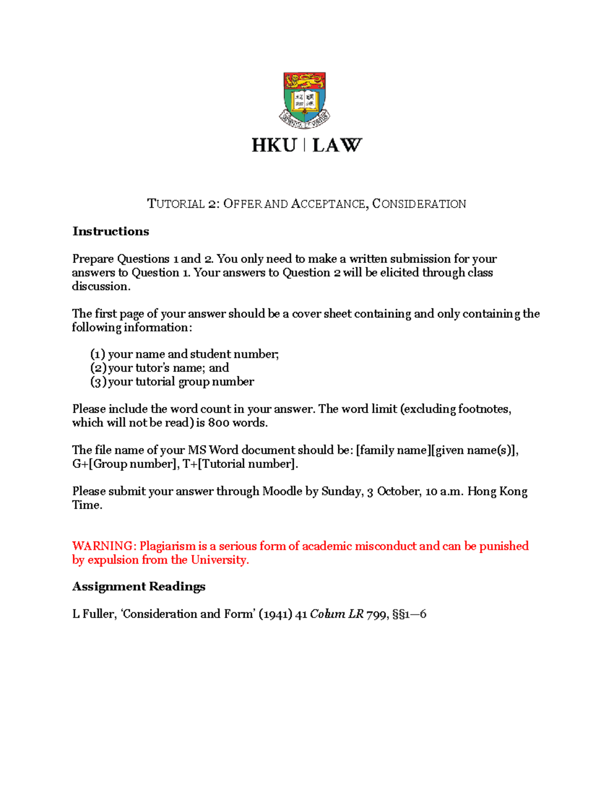 LAW1001 assignment 2 - ........ - TUTORIAL 2: OFFER AND ACCEPTANCE ...