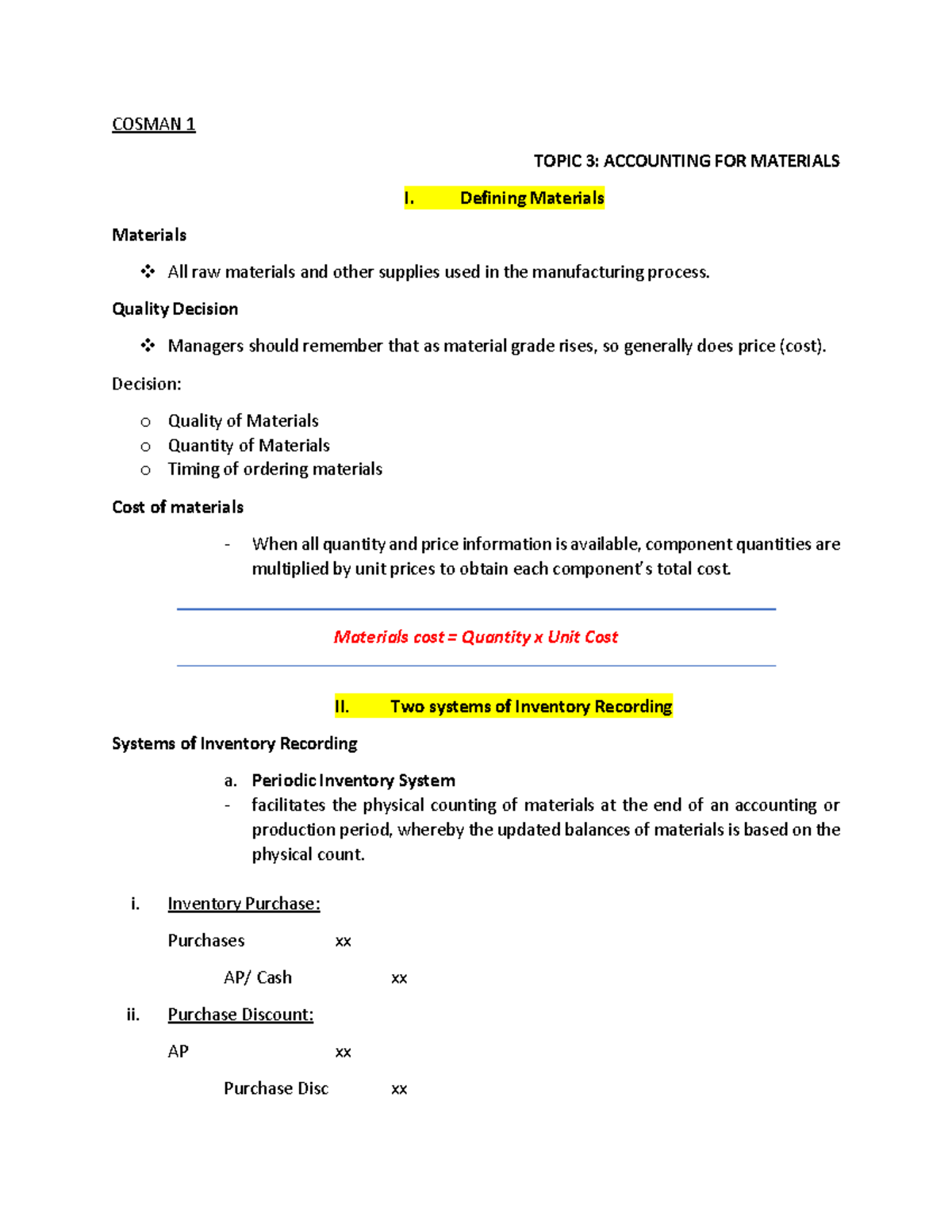COSMAN ACC 101 PART 2 FINAL EXAM NOTES: ACCOUNTING FOR MATERIALS ...
