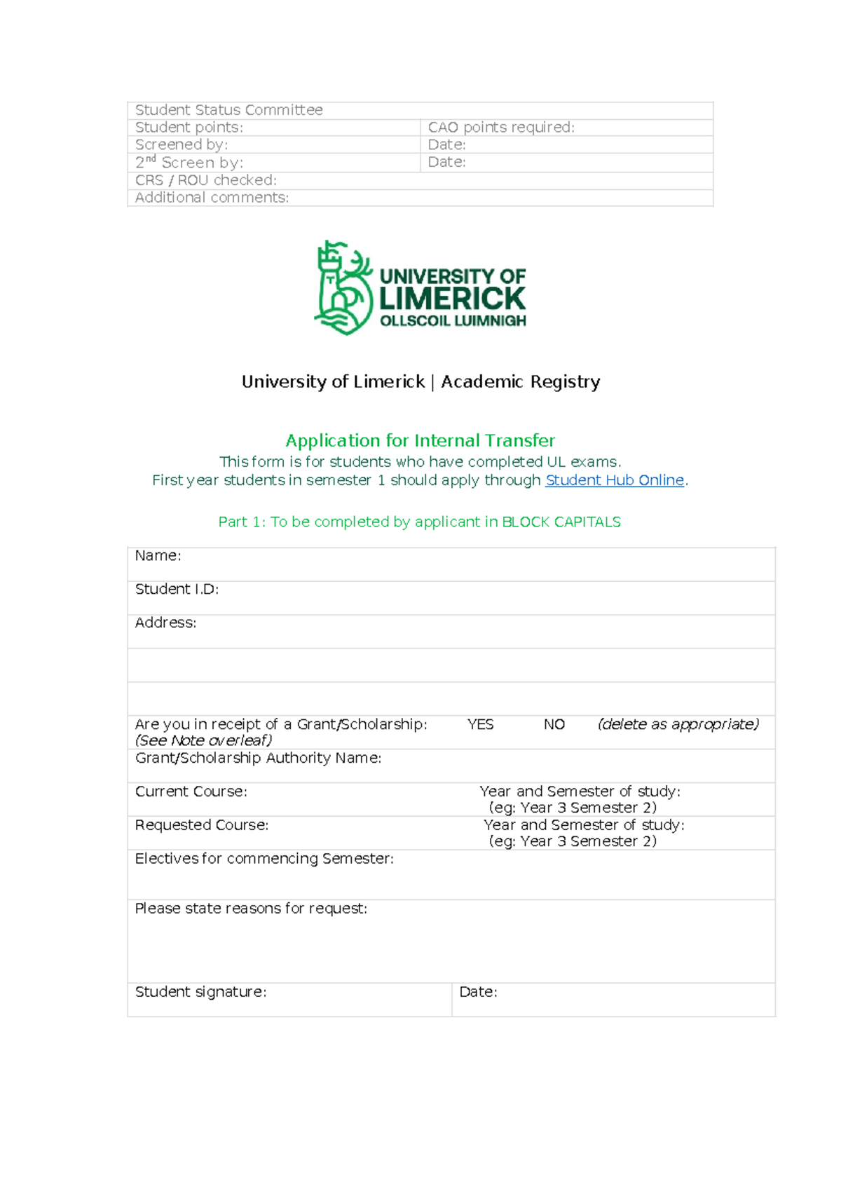 [Form] Internal Transfer Request Form 22 - University of Limerick - Studocu