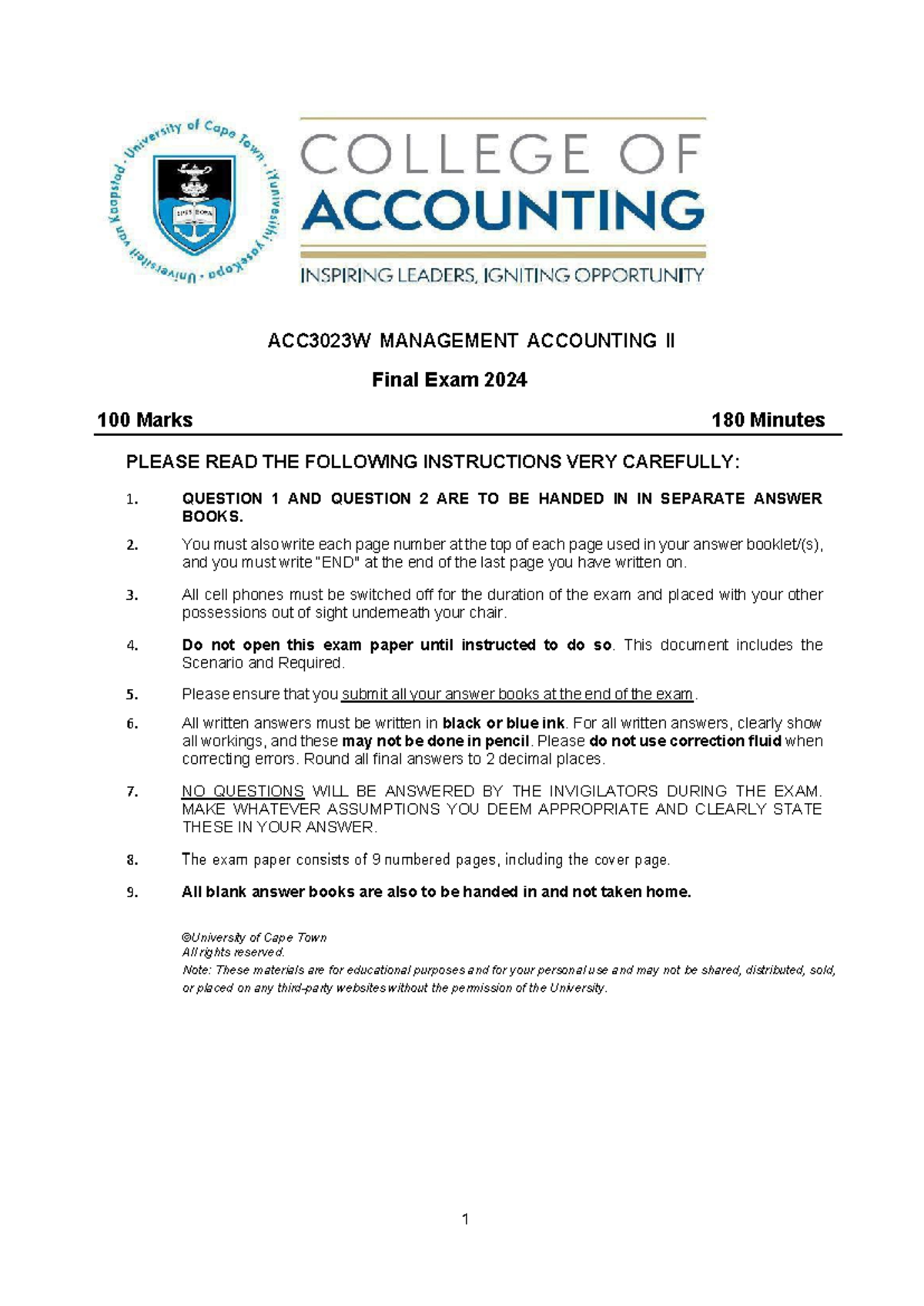 ACC3023W MANAGEMENT ACCOUNTING II Final Exam 2024 Guidelines and Case ...