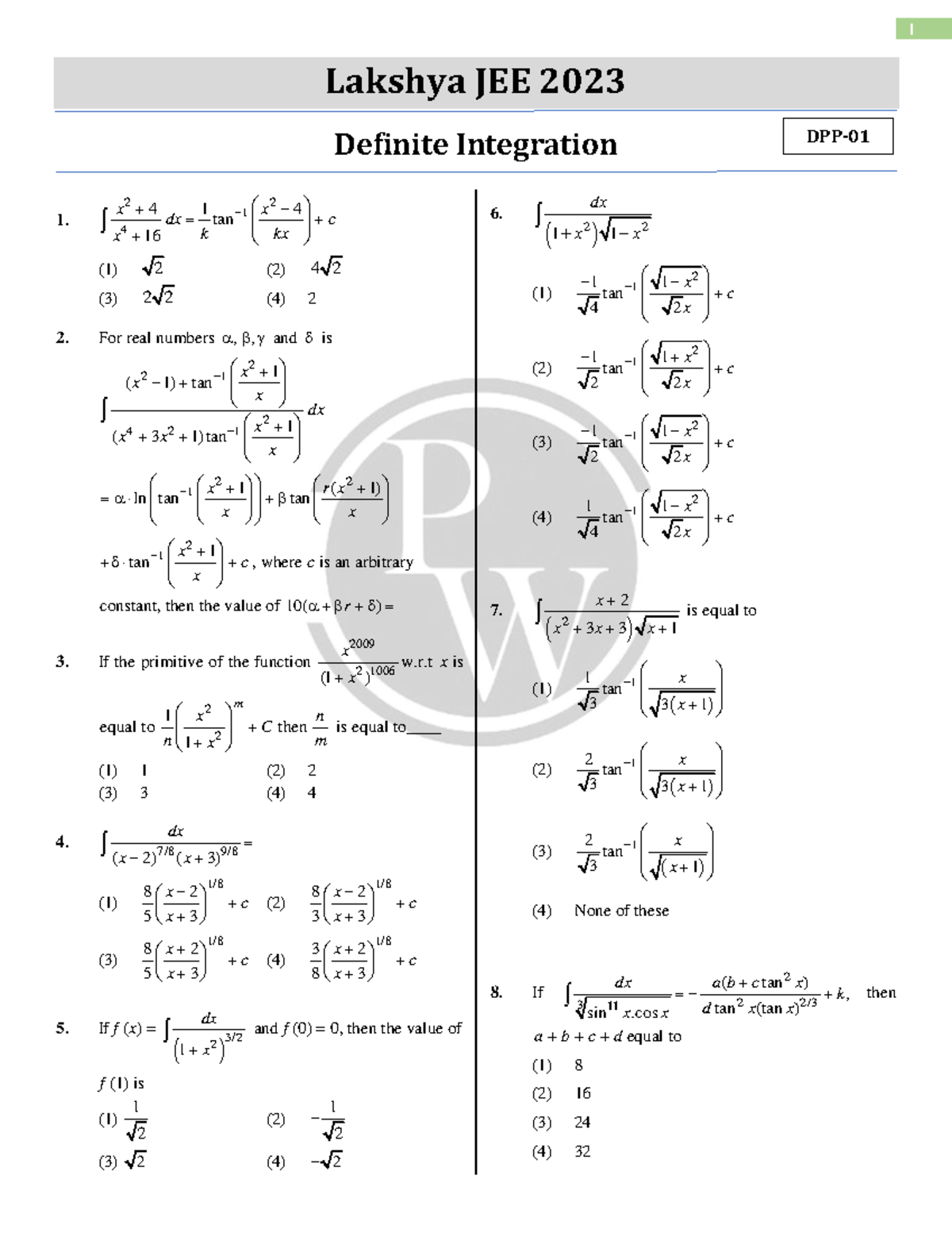 Lakshya JEE 2023 Definite Integration Practice Problems - Studocu
