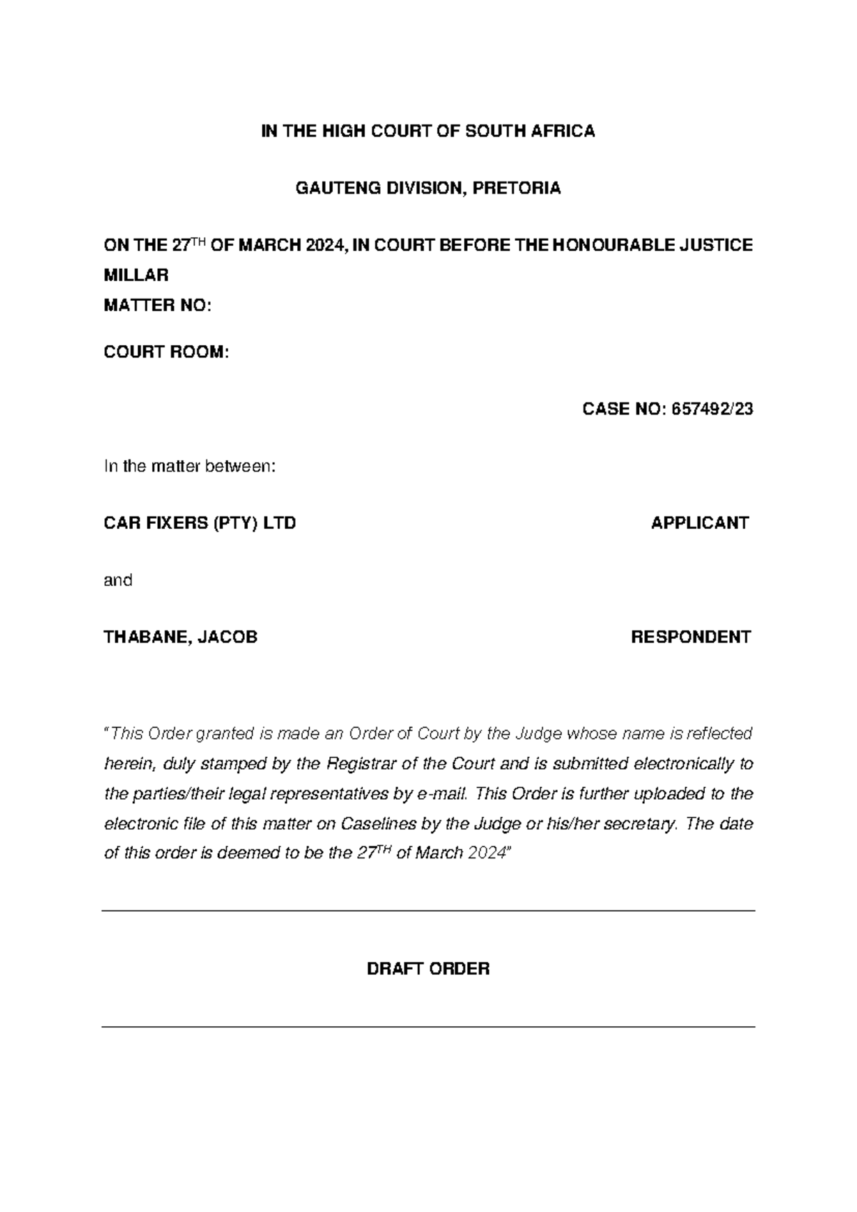 Draft Order - Rescission in Case No: 2024/03/27 - Studocu